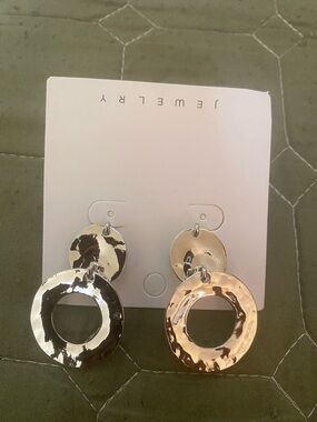 Gold-Tone Hammered Double Circle Drop Earrings -